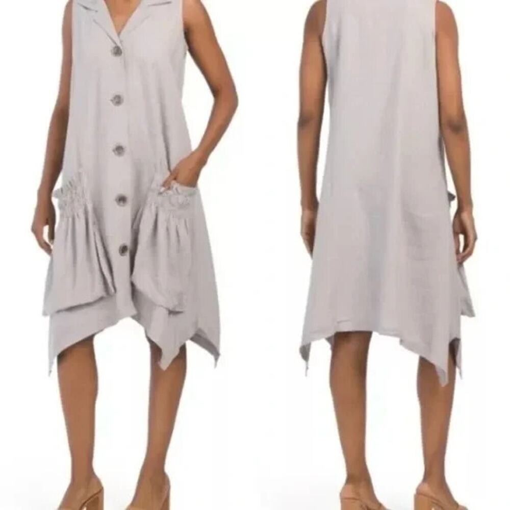 For Cynthia Linen Blend Shark Bite Hem Sleeveless Gray Dress Ruched Pockets SZ M
